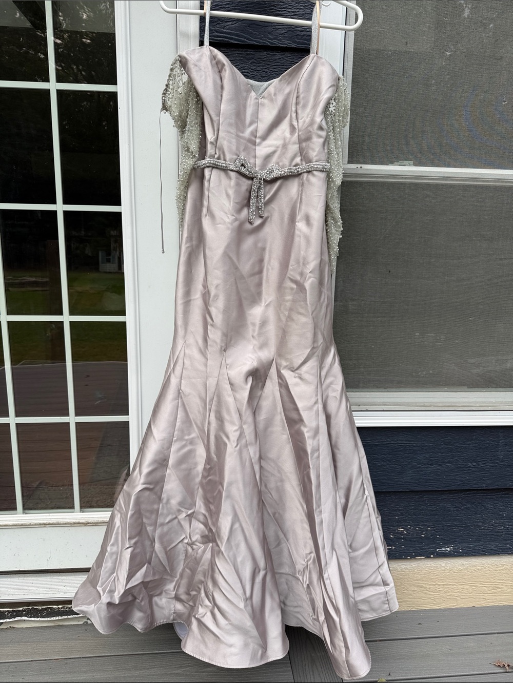 Jovani Silver Beaded Off-Shoulder Satin Prom/Event Gown